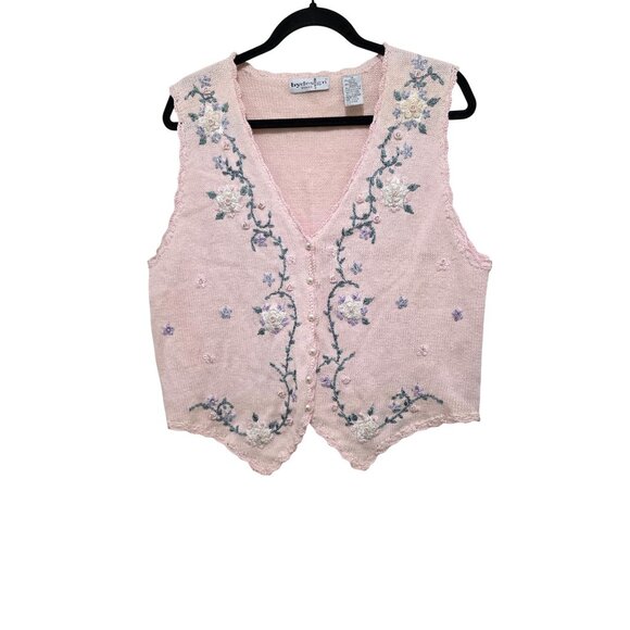 By Design Pink Knit Floral Embroidered Women's Vest Scalloped Hem & Button Front - Picture 1 of 7